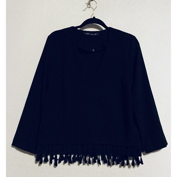 Zara Top Womens Medium Fringe Hem V Neck 3/4 Sleeve Black Minimalist Boho - Picture 1 of 7
